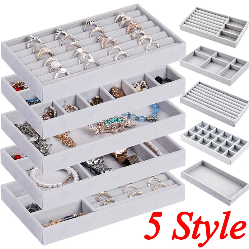 Velvet Jewelry Display Tray Case Hot Sales Stackable Exquisite Jewellery Holder Portable Ring Earrings Necklace Organizer Box