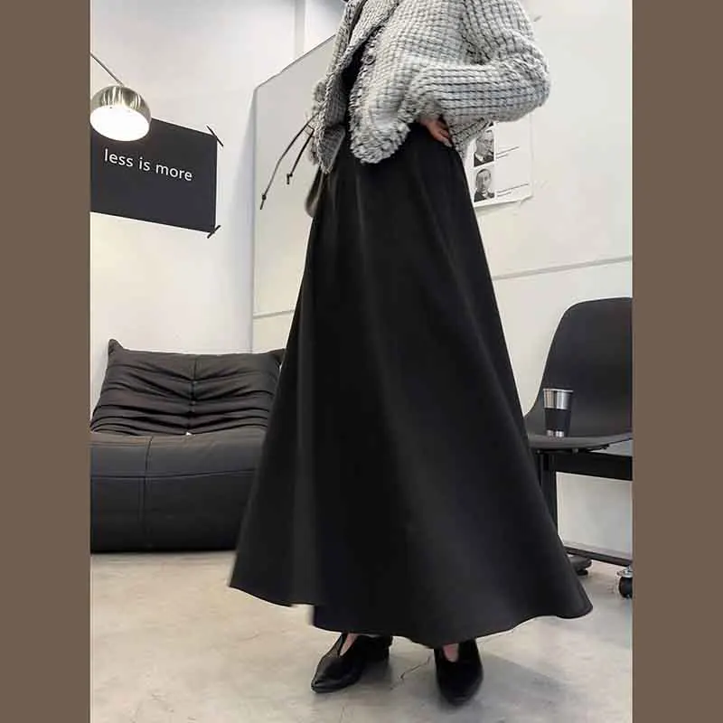 

High Waist Artificial Woolen Skirt Women Winter Elegant Thick Solid Ankle Length Skirt Korean Chic All Match A Line Blends Skirt