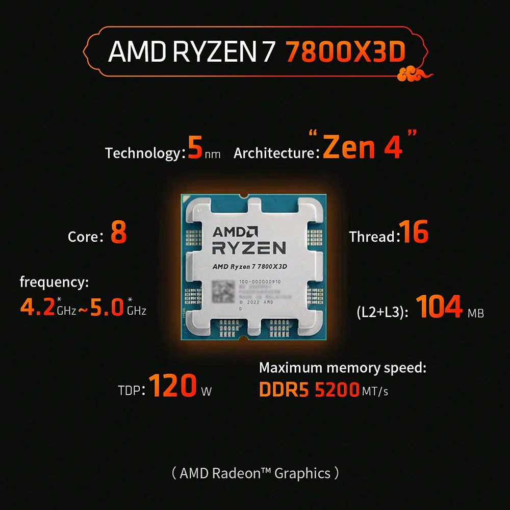 AMD RYZEN 7 7800X3D Game cpu Up to 5 GHz 8 core 16 thread 96MB L3 DDR5 Zen 4 Raphael AM5 120W PCIe&reg;5.0 AMD Radeon&trade;Graphics