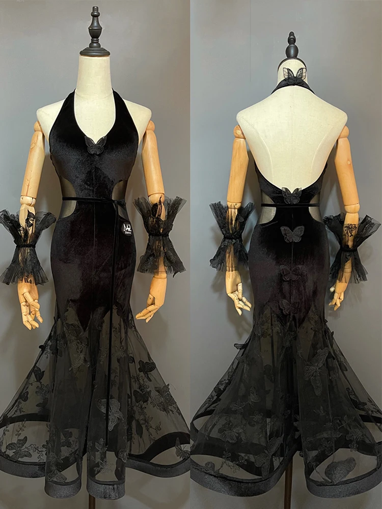 

2022 New Ballroom Dance Competition Dress Women Prom Club Black Lace Dress Waltz Performance Costume Adult Ballroom Dress JL5126