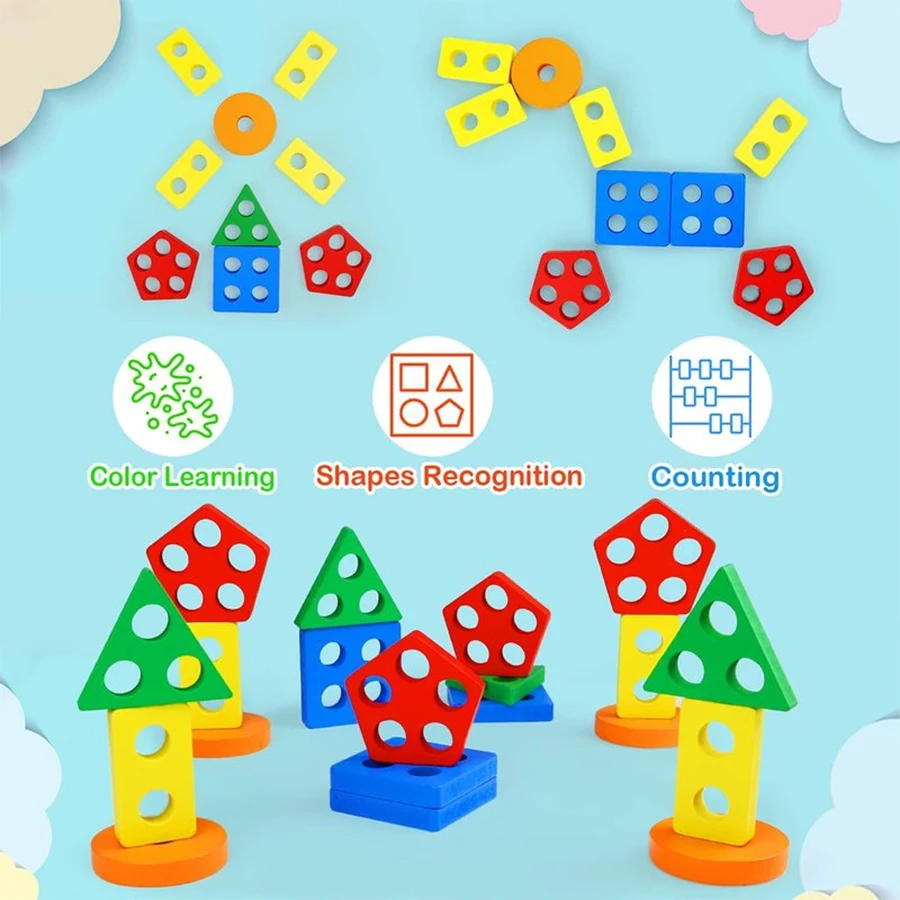 Montessori Wooden Geometric Shape Five Sets of Columns Blocks Assembling Children's Enlightenment Early Education Puzzle Toys 3