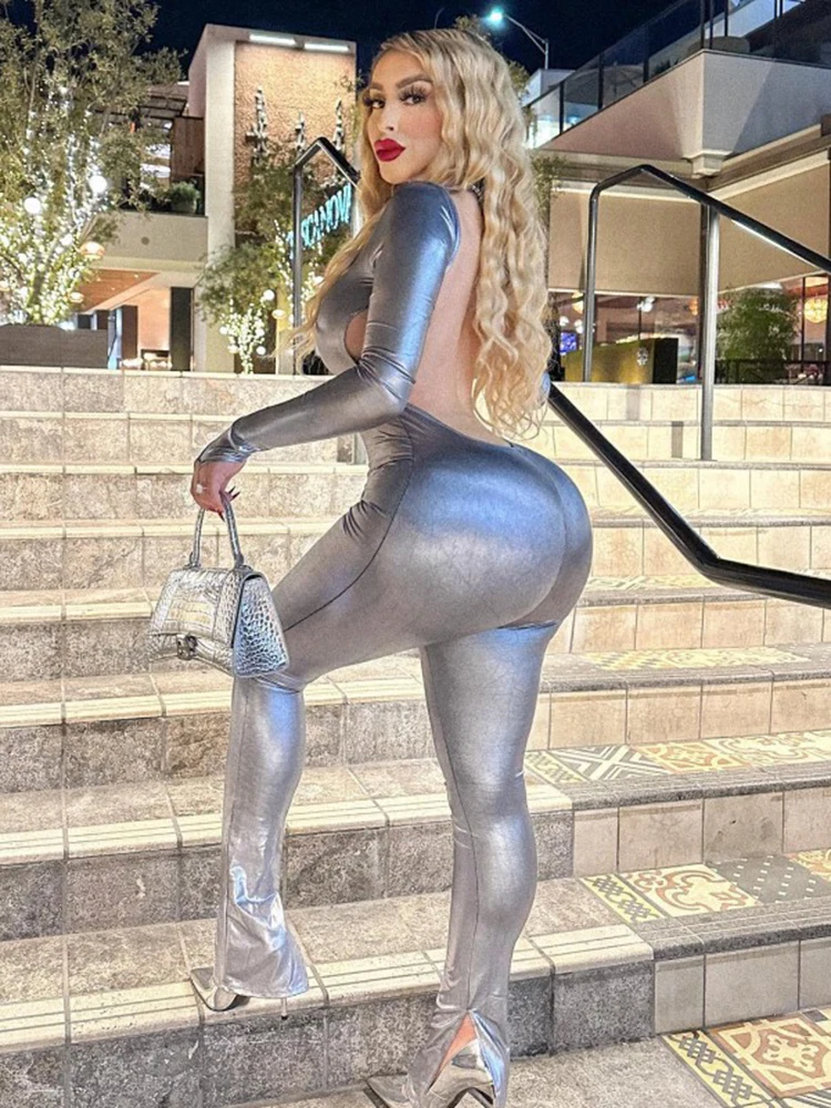 Sibybo Y2k Jumpsuits For Women Sexy Backless Long-sleeved Slim Romper Stylish Solid Color Bright Straight Leg Pants Streetwear