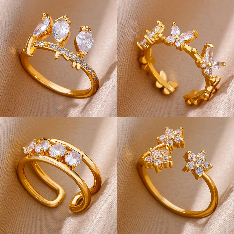 White Zircon Geometric Stainless Steel Rings Adjustable For Women