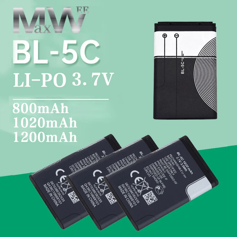 Ad Alta Capacità Oro Bl-5C 3.7V 0.8Ah/1.02Ah/1.2Ah Batteria Per Nokia 2610 1100 1110 1112 1116 6230 6630 N70 N71 N72 N91 Batteria