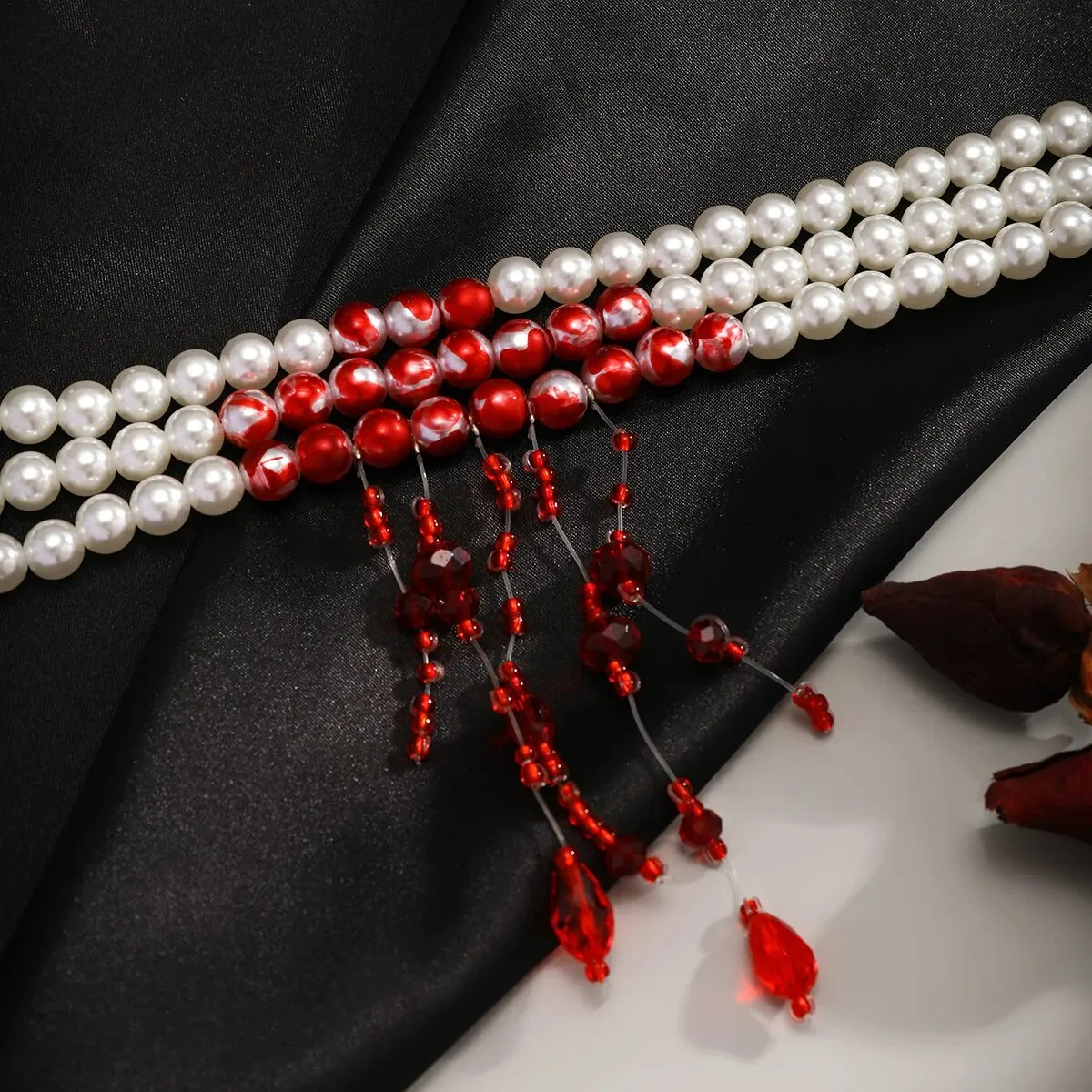 S1b66d3c606f7419abdd2ed680429ee6ek Multilayer Vintage Red Blood Pattern Imitation Pearl Tassel Pendant Necklace for Women Goth Crystal Bead Chain Halloween Jewelry Mallzona