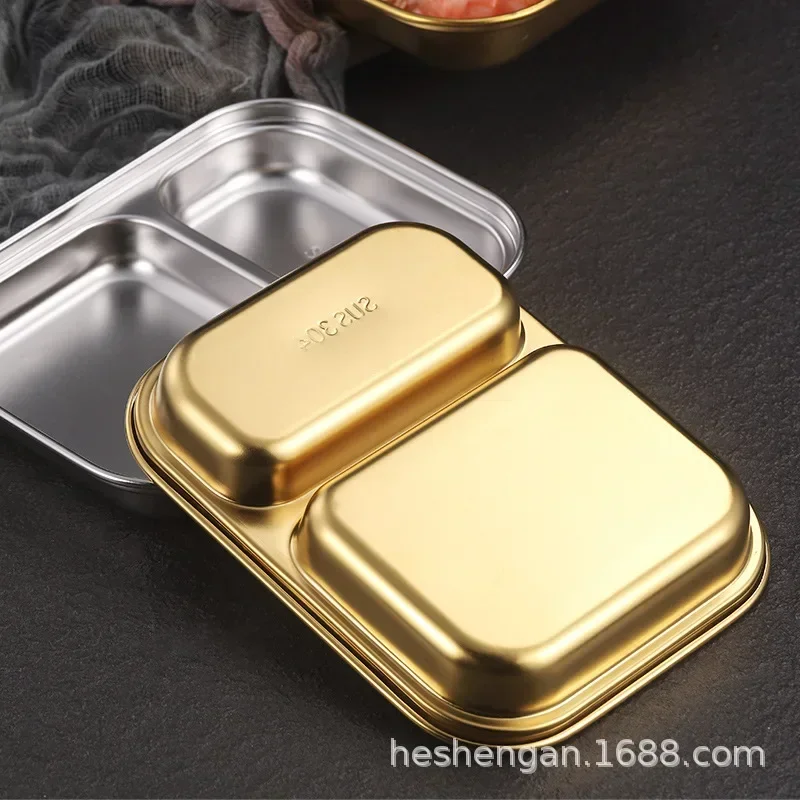 Golden Korean Style 304 Tableware Stainless Steel Plate Dinner Divided snack meal seasoning kindergarten student box meal