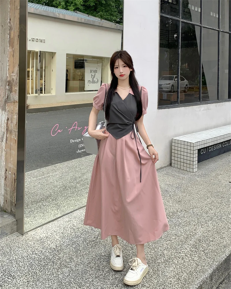 

French POLO Collar Splicing Slim Fake Two Piece Skirt 2024 Summer New Fashion Versatile High End Elegance Design Sense Dress