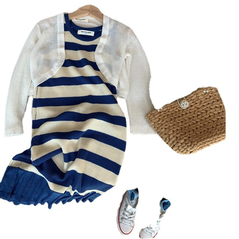 

Summer Autumn Kids Girl Striped Dress Casual Sleeveless Sweatshirt Dress Ruches Straight Mid-Calf Dress Length Dress 2-8T