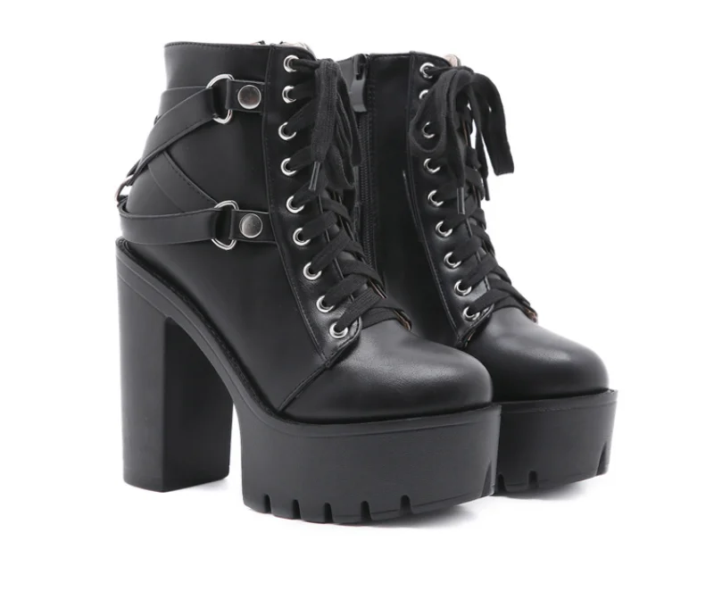 Fashion Black Boots Women Heel Spring Autumn Lace-up Soft Leather Platform Shoes Woman Party Ankle Boots High Heels Punk
