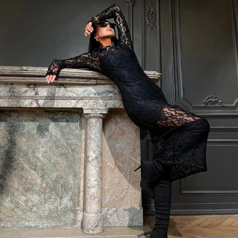 New Slim Fit Round Neck Hollow Out Long Skirt Sexy and Slim Transparent Lace Temperament Hip Hugging Long Skirt 192