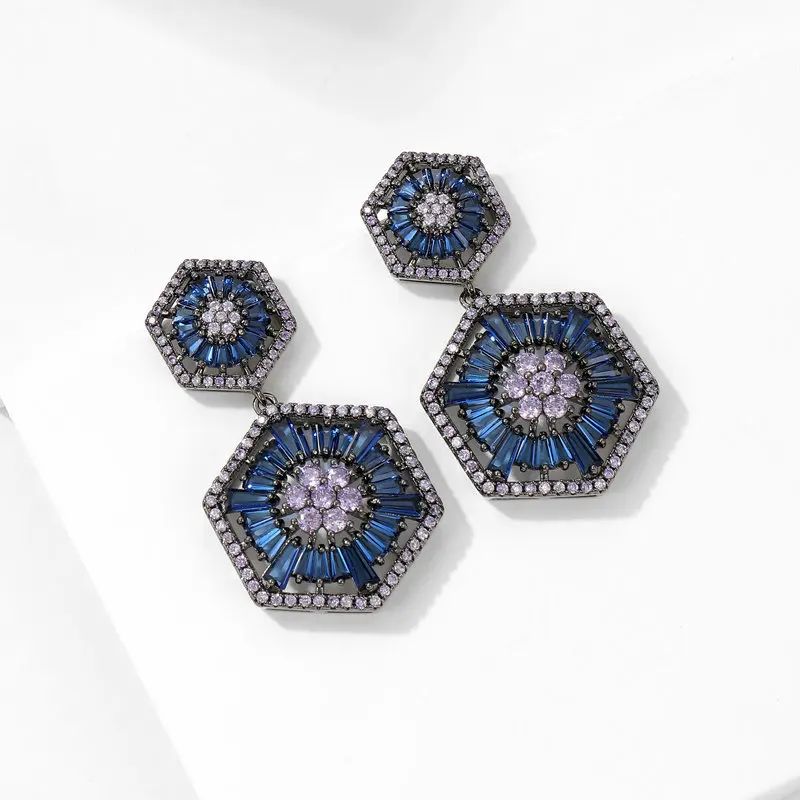 Cubic Zirconia France Fashion Statement Geometric Hexagon Dangle Earrings For Women Elegant Temperament Wedding Luxury Jewelry