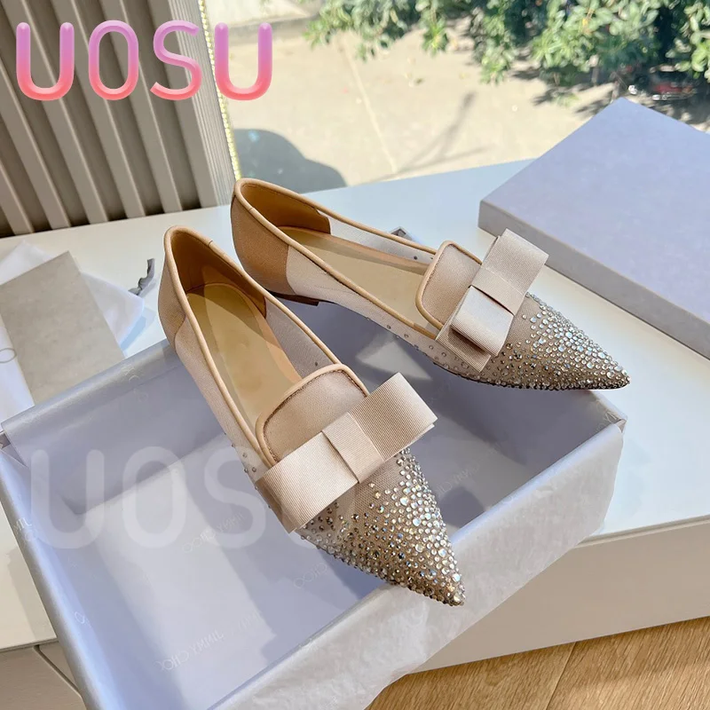 2024 New Women's Flats Designer Mesh Luxury Full Crystal Banquet Ladies Shoes Ventilated Soft Pointed Toe Ballet Shoes Dress