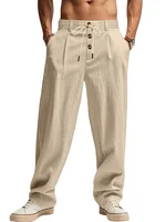Nouveaux pantalons respirants décontractés en coton et lin pour hommes, pantalons de sport de rue à la mode, pantalons droits amples de plage et d'extérieur 3