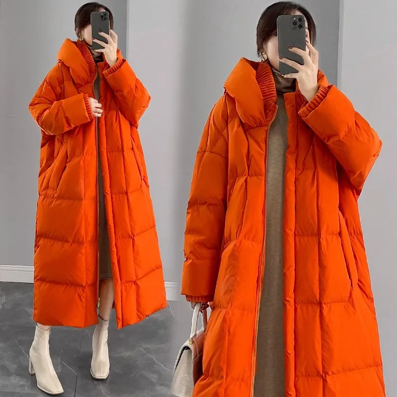 

Orange Hooded Down Jacket Women's 2023 Winter New Loose Extra Long White duck down Coat Female Puffer Thicken Overcoat Parkas