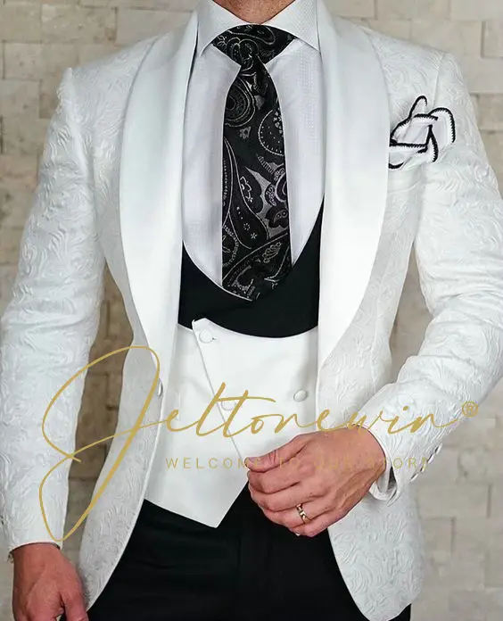 

Fashion Jacquard Slim Men Suits 3 Piece Jacket Vest Pants Set Groom Wedding Lapel Tuxedo Formal Blazer Masculino Costume Homme