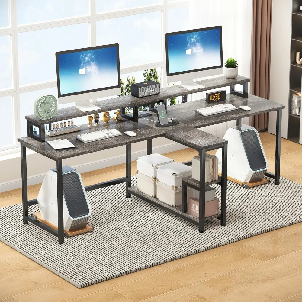 Two Person Desk-83.7 Inch Double Computer Desk with Monitor Stand and ...