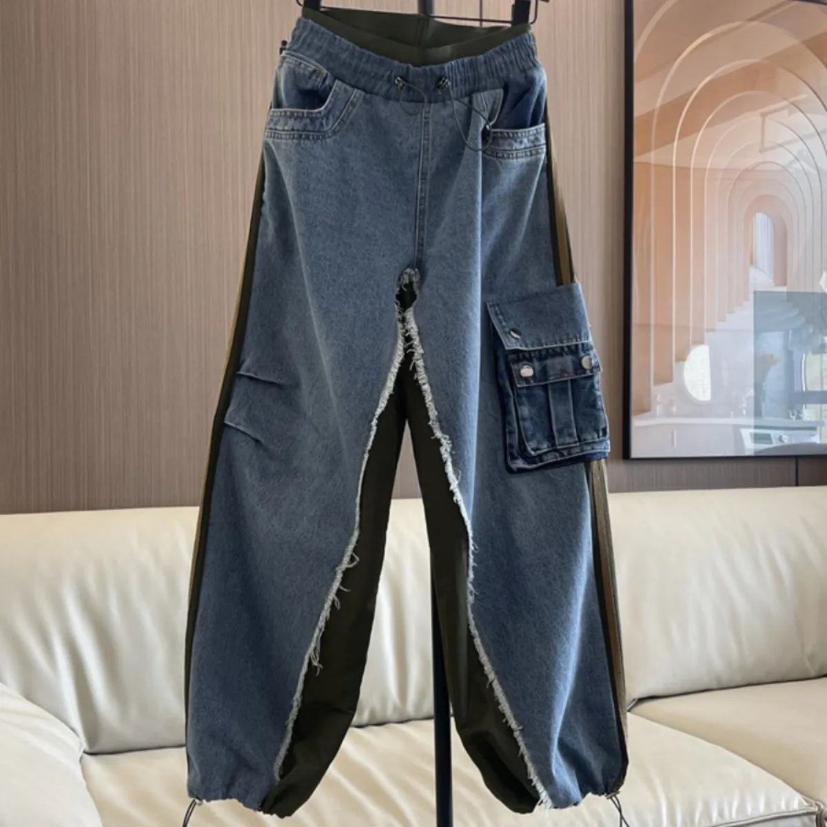 

Personalized Trendy Patchwork Jeans Women 2024 Spring Summer New American Style Straight Leg Pant LX1349