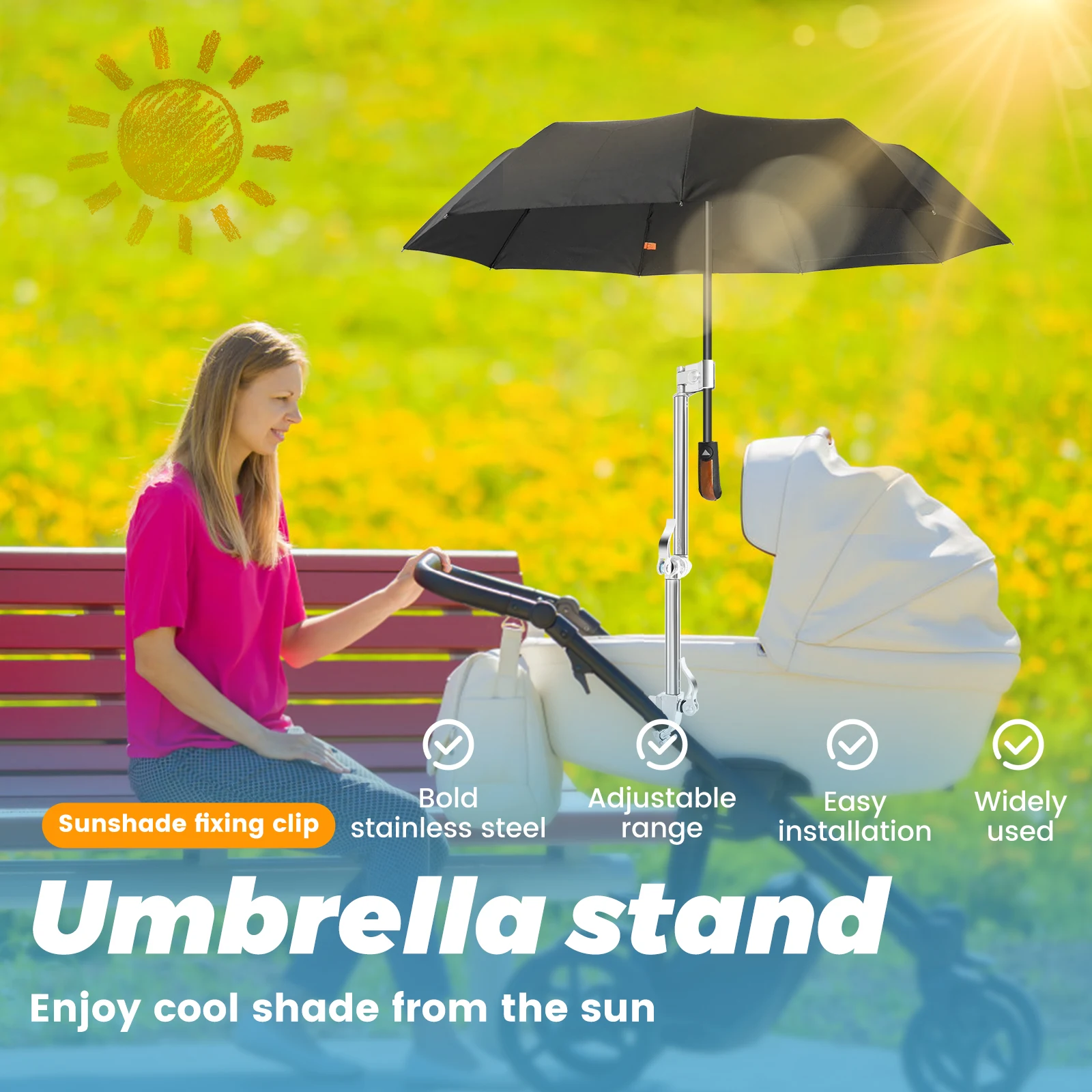 Golf Trolley Umbrella Holder Adjustable Black Umbrella Stand Attachment Cart Holder for Golf Push Cart Handle