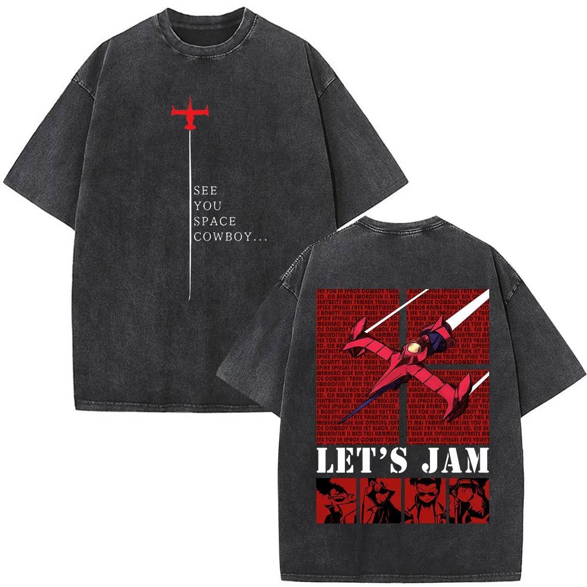 Anime Cowboy Bebop Spike Spiegel Washed T-Shirt für Herren und Damen Vintage Mode Kurzarm Oversized T-Shirt Streetwear