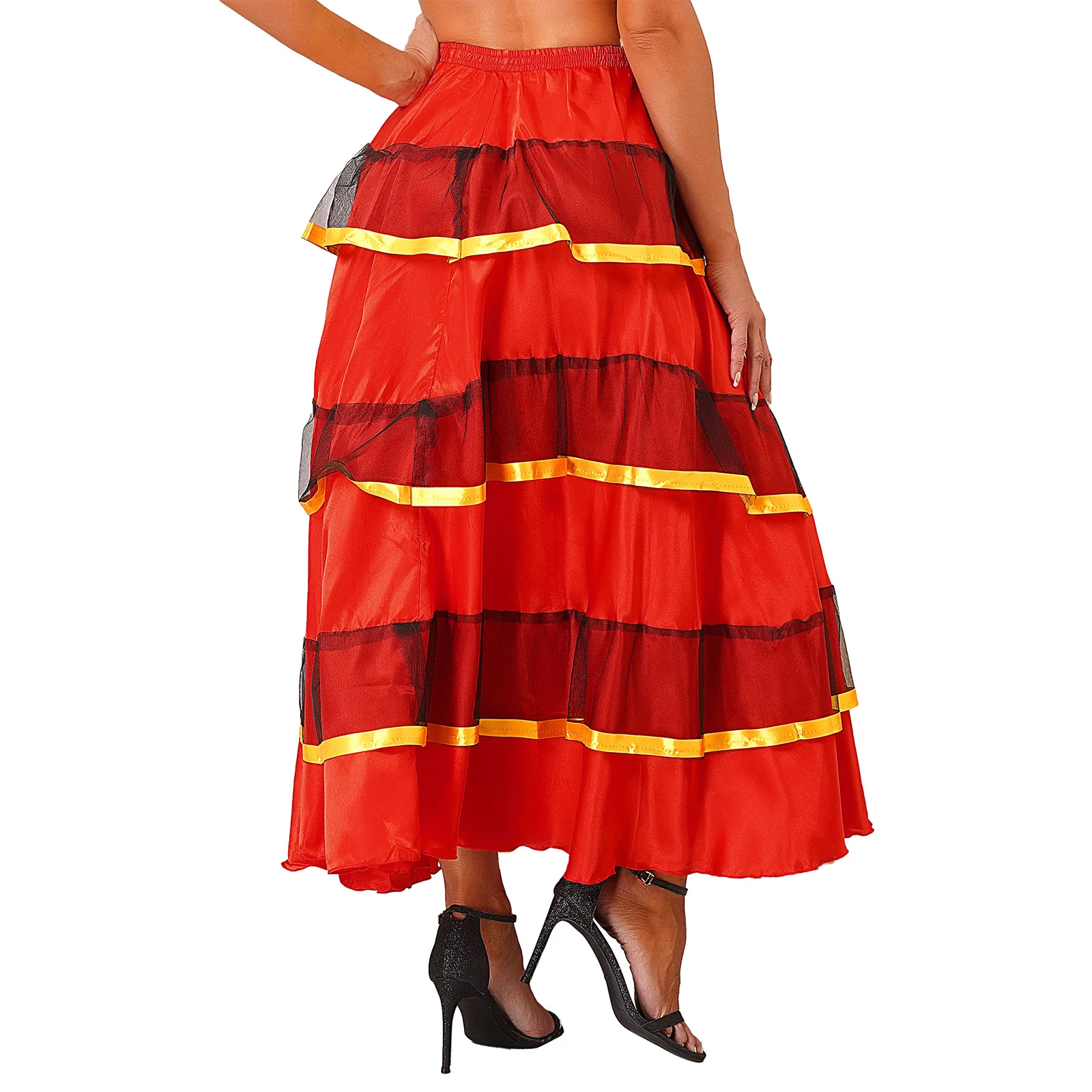 Womens Gypsy Flamenco Dance Skirt Tiered Ruffles Wide Hemline Ballroom Belly Spanish Dancing Carnival Costume