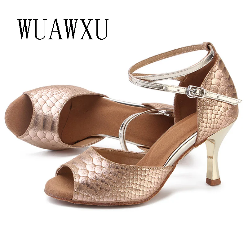 NATASHA Fish Mouth Latin Dance Shoes Women's Adult Soft Sole Gold Genuine Leather Medium Heel 7.5cm Professional Square Social D