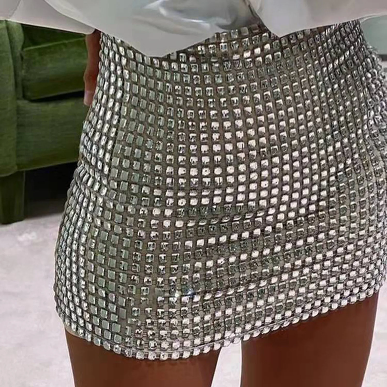 

Fashion Women Silver Bodycon Mini Skirt Solid Color Sequin Stitching Shinny Tight Sexy Short Club Party Skirt Clubwear