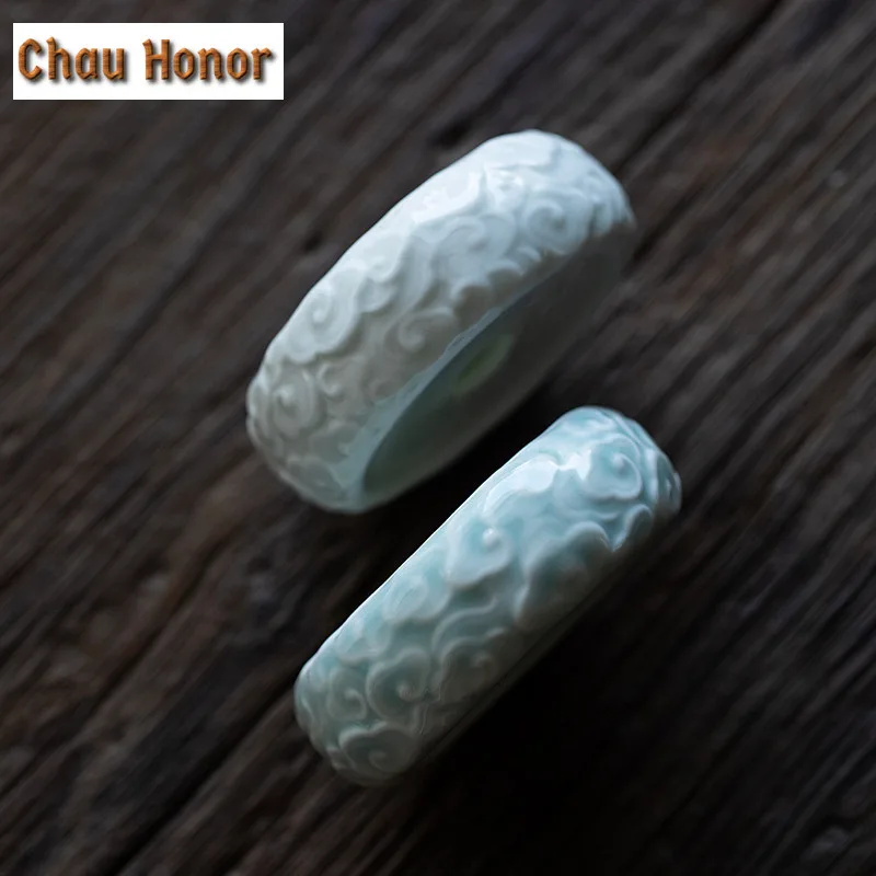 Hutian Kiln Shadow Green Glaze Manual Relief Cover Carving Coaster Cup Holder Tea Holder Tea Ceremony Accessories Cover Holder