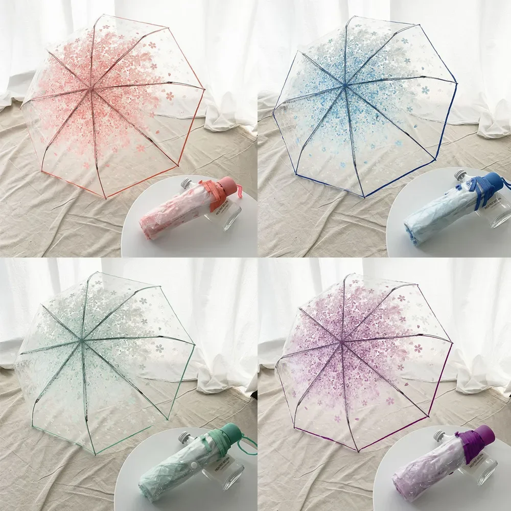 Korean Folding Umbrella Cute Mini Fresh Simple Sen Series Trifold Cherry Blossom Transparent Japanese Umbrella folding umbrella