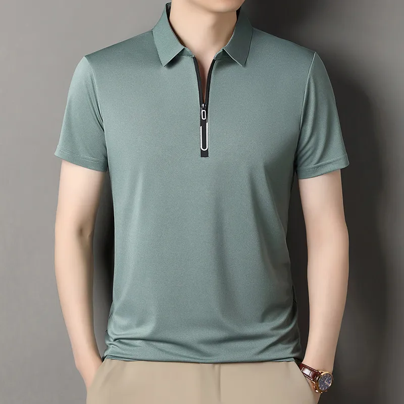 Neues Herren-Poloshirt mit Business-Casual-Reißverschluss, kurzärmelig, einfarbig, modisch, warm, bequem, vielseitiges Oberteil für vier Jahreszeiten – Detail 14