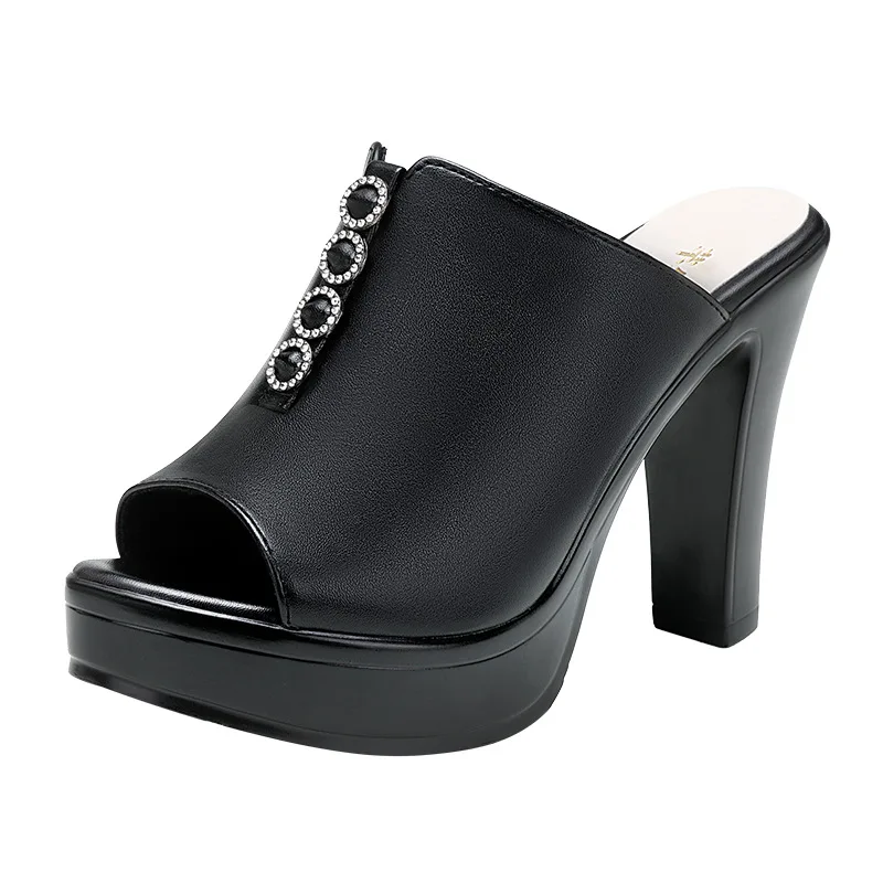 High quality summer leather sandals for women 10cm high heel new 2024 size 32 33 43 platform open toe elegant shoe black white