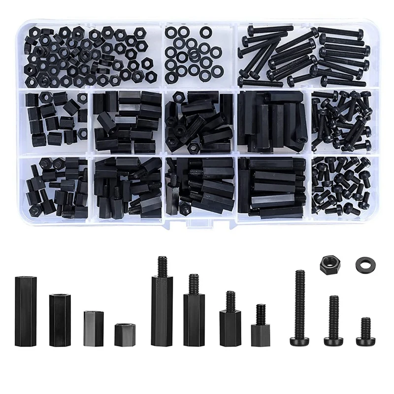 

260 Pcs M3 Male Female Nylon Hex Spacer Standoffs Screws Nuts, Nylon Hex Threaded Pillar Spacer - Black Durable Easy Install