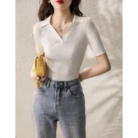 Women's Polo Shirts Slim Knitted Female Tee Plain T-shirts Korean Style Aesthetic Pulovers New Casual Tops Short Sleeve Luxury - Image 4