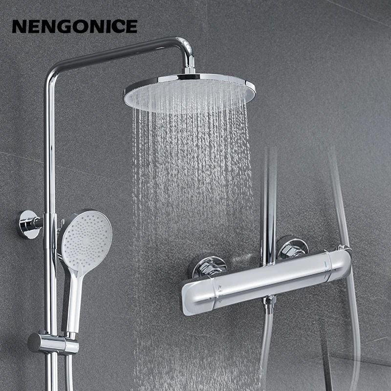 Chrome Thermostatic Shower Set Faucet Brass Temperature Bathroom System Mixer Tap Rain Head Wall-Mount Handheld Sprayer