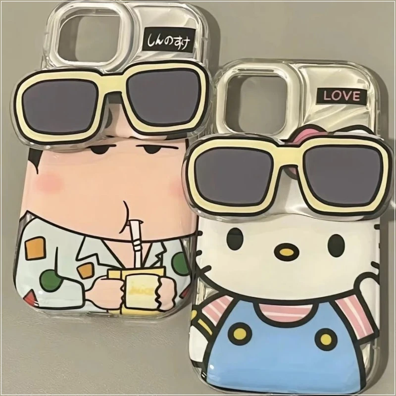 

Anime Crayon Shinchan Cartoon Phone Case Sanrio Hello Kitty Cool Sunglasses Iphone 14 13 Pro Max Clear Silicone Phone Case