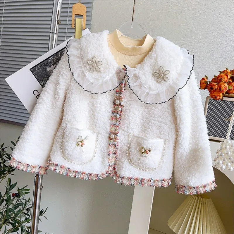 

Spring Autumn Children Girl Woolen Coat Cotton Fleece Spliced Baby Girl Outwear Coat Versatile Peter Pan Collar Kid Girls Jacket