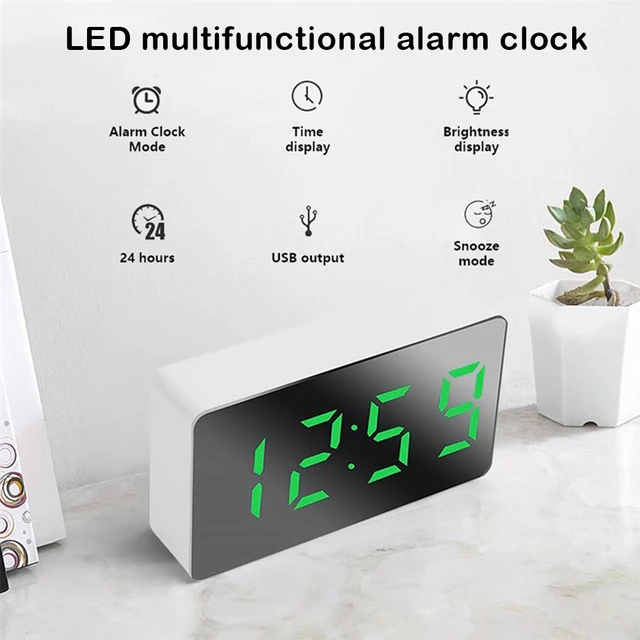 Reloj de mesa con espejo LED, alarma Digital, USB, calendario de