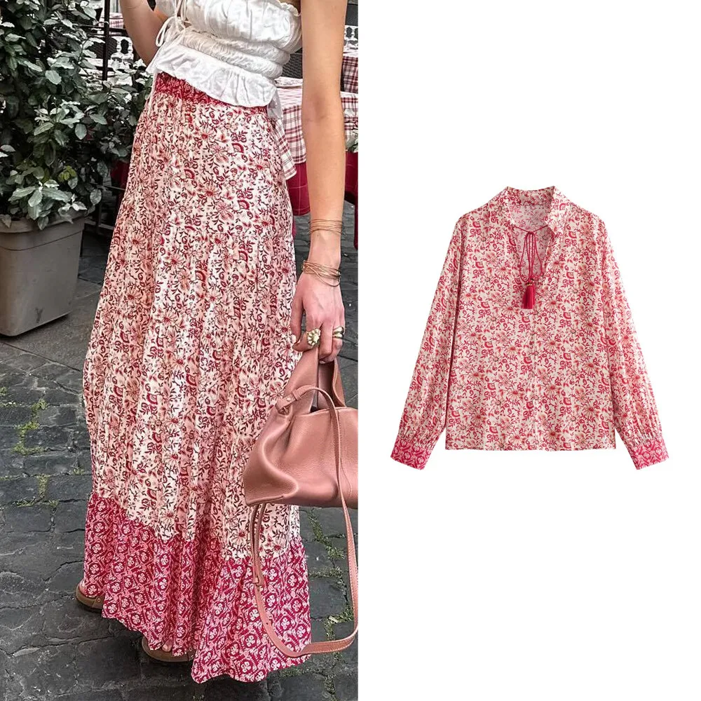 

BSK&TRAF Women's 2024 Summer New European and American Style Fashion Lapel Lace-Up Flower Printed Long-Sleeved Shirt
