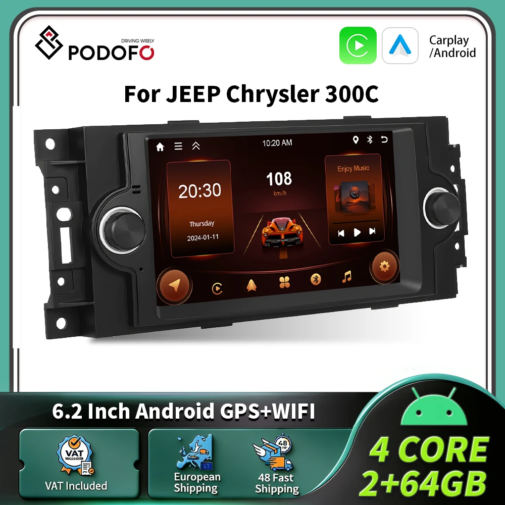 Radio para Auto Podofo de 6.2" con Carplay y Android para JEEP Chrysler 300C, Sistema Inteligente para Auto, 2 Din, Navegación GPS, RDS, BT 1