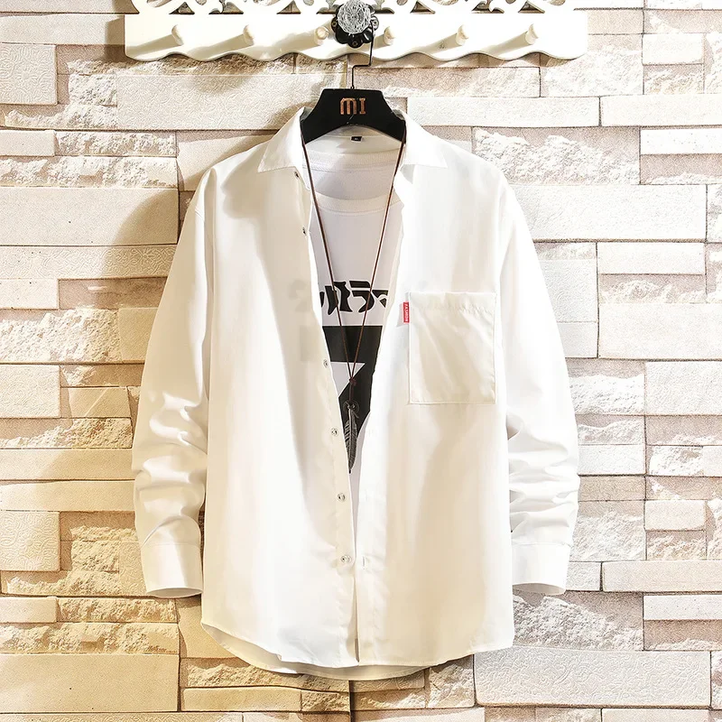 남성용 긴팔 캐주얼 루즈 코트, 단색 일본 셔츠, 티셔츠 셔츠, 청년 용수철, 가을, 2024