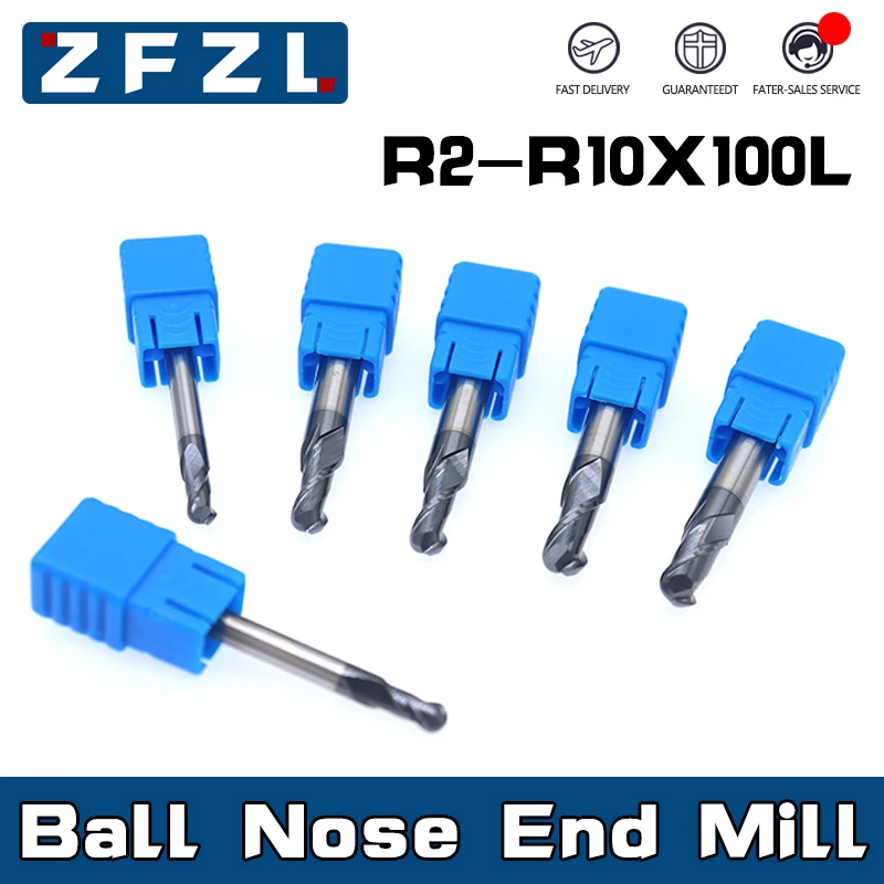 

1PCS HRC50 Ball Nose End Mill 2 Flutes R2-R10 100L Milling Cutter Alloy Coating Tungsten Steel Tool Cnc Maching Endmills