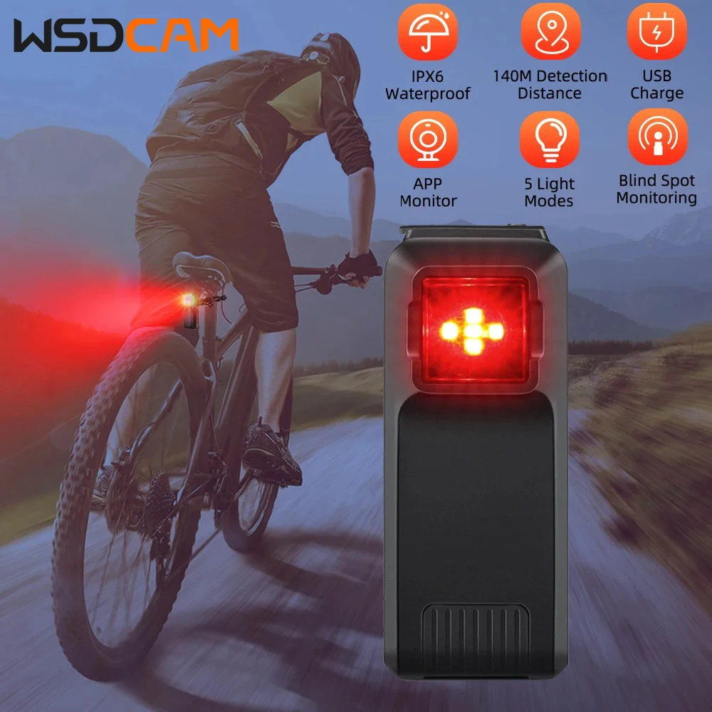 Wsdcam rechargeable bicycle taillight USB bike rear tail lights waterproof radar detection cycling lamp 5 mode blind spot monitor