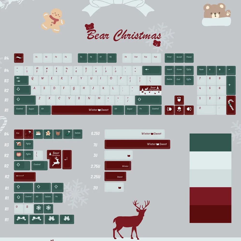 

142 Keys Christmas Bear PBT Keycap KCA Profile DYE Sublimation ISO Enter 1U B 1.75U 2U 2.25U Shift For Mechanical Keyboard