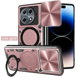 Metal Ring Camera Protect Case with Armor Rotating Holder Cover for Tecno Pova 6 5G (Rose Gold)