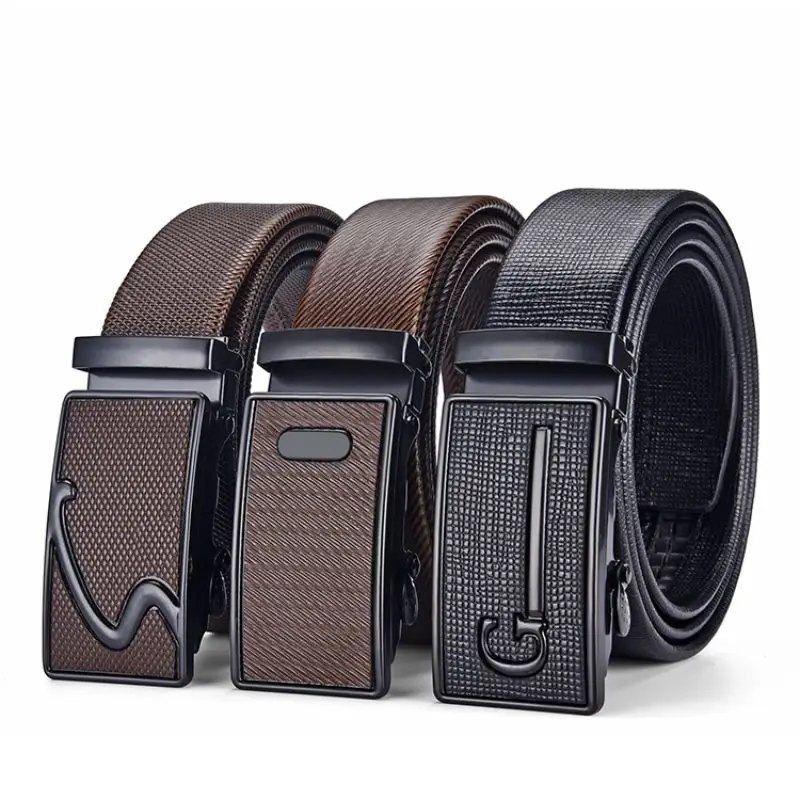 High Quality Men Leather Belt Metal Automatic Buckle Work Business Black Cowskin PU Strap_voghion.com