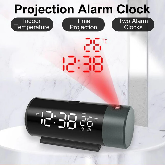 Reloj despertador de proyección con pantalla LED grande, despertador  electrónico Digital, pantalla de espejo LED, proyector giratorio de 180 ° -  AliExpress