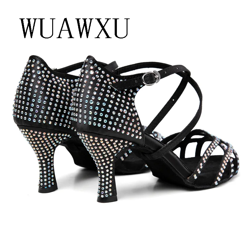 NATASHA New Latin Dance Shoes Satin Hot Diamond Sandals Dance Soft Sole Medium High Heels Indoor National Standard Double Dance