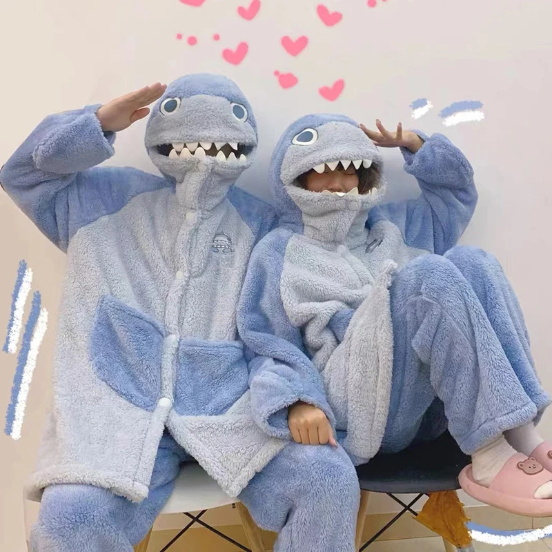 Blue Shark Pajama Pants Set Funny Casual Night-robe Holiday Party Costume Hooded Flannel Clothing Unisex Home Wear For Couples