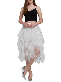 Women Tulle Skirt Elastic Waist Sequined Stars Irregular Summer Midi Skirt for Casual Daily 1