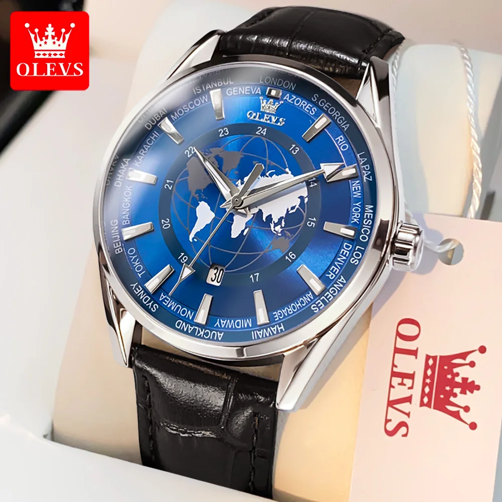 OLEVS New Blue Globe Dial Quartz Watch for Mens Watches Top Brand Luxury Male Clock Waterproof Luminous Calendar Wristwatch Men 52mm marine devices pointer clock gauges blue backlight 0 12hours clock meters auto hourmeters 9 32v for motorcycle car truck rv