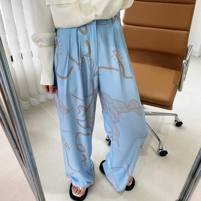 Women 2024 Summer Blue High Waist Drape Satin Mopping Pants Women Summer Loose Wide-leg Pants Graffiti Printed Ice Silk Trousers